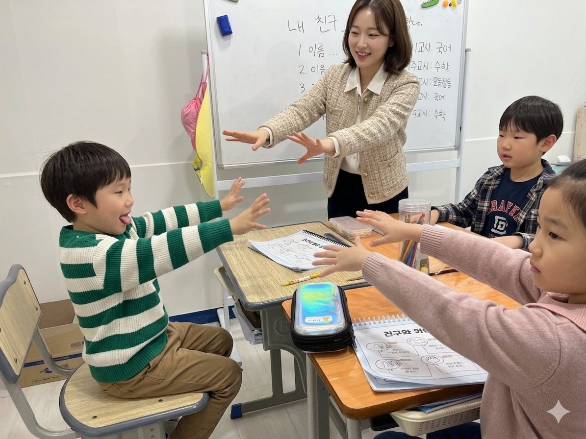 그룹 수업에서 하이파이브로 또래와 인사하는 사회성 수업 장면